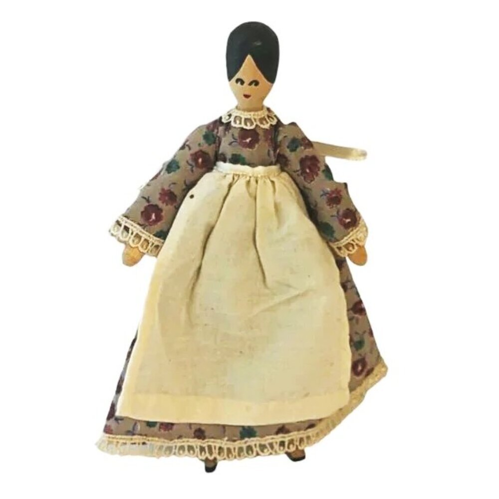 Vintage Folk Art Wooden‎ Doll Articulated Rubber Band Apron Bloomers Rustic